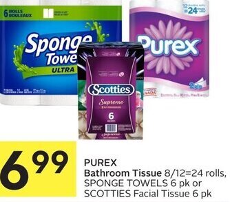 IGA Purex Bathroom Tissue 8/12=24 Rolls, Sponge Towels 6 pk or Scotties Facial Tissue 6 pk offer