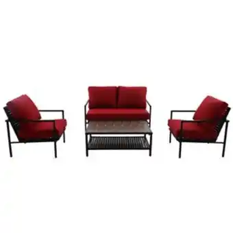 Lowe's Allen + roth bellemore black metal frame patio conversation set with red olefin cushions included - 4-piece offer