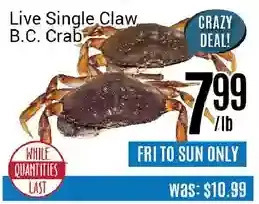 Nations Fresh Foods Live single claw b.c. crab offer