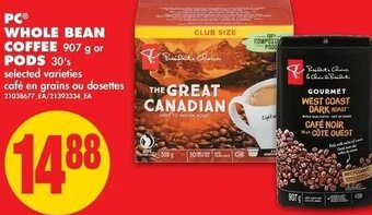 No Frills PC Whole Bean Coffee 907g or Pods 30's offer