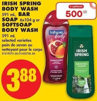 No Frills Irish Spring Body Wash 591ml, Bar Soap 6x104g or Softsoap Body Wash 591ml offer