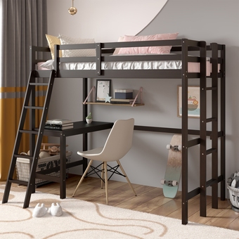 Best Buy Costway twin loft bed frame w/desk angled and built-in ladder solid wooden frame white\grey\expresso offer