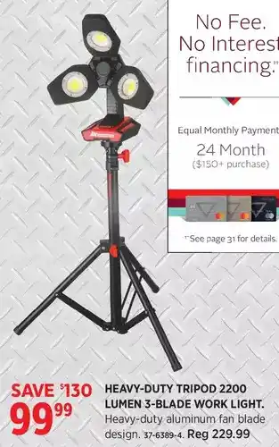 Canadian Tire Motomaster heavy-duty tripod 2200 lumen 3-blade work light offer