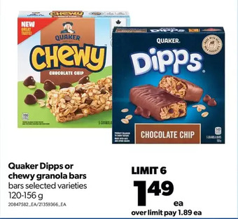 Real Canadian Superstore Quaker dipps or chewy granola bars offer