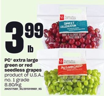 Loblaws Pc® extra large green or red seedless grapes offer