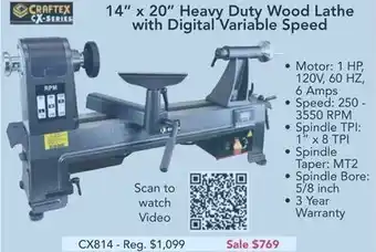 Busy Bee Tools Craftex cx-series 14" x 20" heavy duty wood lathe with digital variable speed offer
