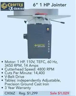 Busy Bee Tools Craftex 6" 1 hp jointer offer
