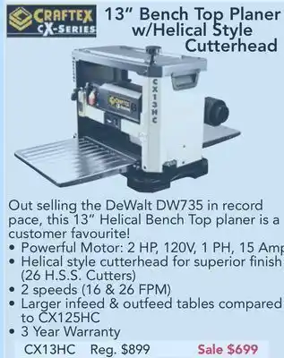Busy Bee Tools Craftex cx-series 13" bench top planer w/helical style cutterhead offer