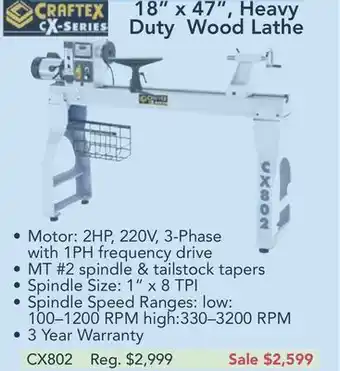Busy Bee Tools Craftex cx series 18" x 47", heavy duty wood lathe offer