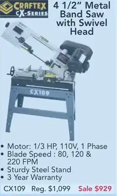 Busy Bee Tools Craftex cx series 4 1/2" metal band saw with swivel head offer