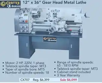 Busy Bee Tools Craftex cx series 12" x 36" gear head metal lathe offer