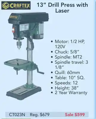 Busy Bee Tools Craftex 13" drill press with laser offer