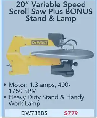 Busy Bee Tools Dewalt 20" variable speed scroll saw plus bonus stand & lamp offer