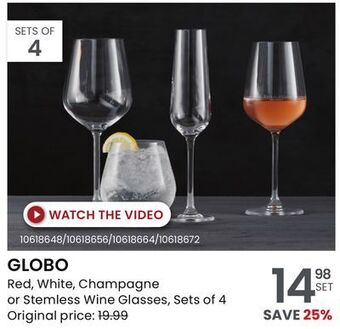Stokes Globo red, white, champagne or stemless wine glasses offer