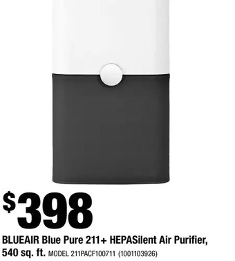 Home Depot Blueair blue pure 211+ hepasilent air purifier, 540 sq. ft. offer