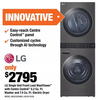 Home Depot Lg single unit front load washtower with centre control 5.2 cu. ft. washer and 7.4 cu. ft. electric dryer offer