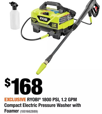 Home Depot Ryobi 1800 psi, 1.2 gpm compact electric pressure washer with foamer offer