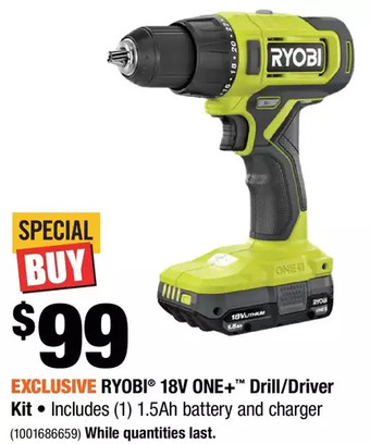 Home Depot Ryobi 18v one+ drill/driver kit offer