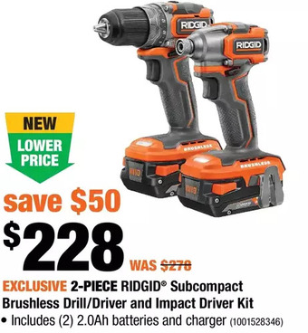 Home Depot 2-piece ridgid subcompact brushless drill/driver and impact driver kit offer