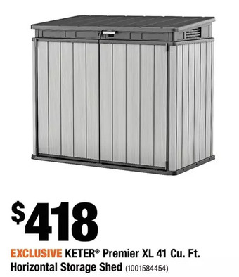 Home Depot Keter premier xl 41 cu. ft. horizontal storage shed offer