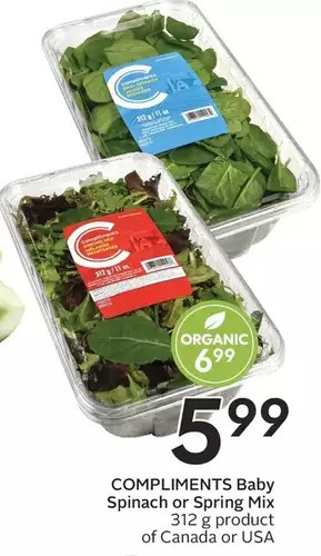 Sobeys Compliments baby spinach or spring mix | organic offer