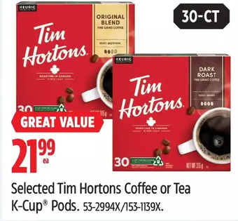 Canadian Tire Selected tim hortons coffee or tea k-cup pods offer