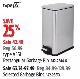 Canadian Tire Type a 15l rectangular garbage bin offer