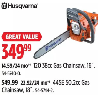 Canadian Tire Husqvarna 120 38cc gas chainsaw, 16" | 445e 50.2cc gas chainsaw, 18" offer