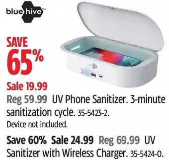 Canadian Tire Bluehive uv phone sanitizer. 3-minute sanitization cycle | uv sanitizer with wireless charger offer