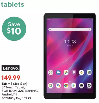 Staples Lenovo tab m8 (3rd gen) 8" touch tablet, 3gb ram, 32gb emmc, android 11 offer