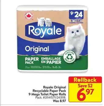 Walmart Royale original recyclable paper pack 9 mega toilet pager rolls offer