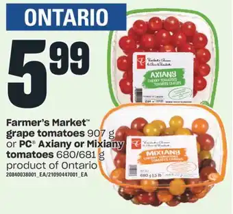 Independent Grocer Farmer's market™ grape tomatoes, 907 g or pc® axiany or mixiany tomatoes, 680/681 g offer