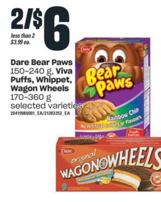 Independent Grocer Dare bear paws 150-240 g, viva puffs, whippet, wagon wheels, 170-360 g offer