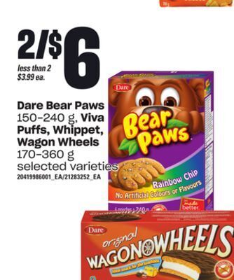 Loblaws Dare bear paws 150-240 g, viva puffs, whippet, wagon wheels 170-360 g offer