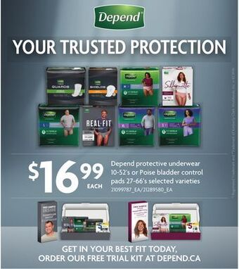 Loblaws Depend protective underwear, 10-52's or poise bladder control pads, 27-66's offer