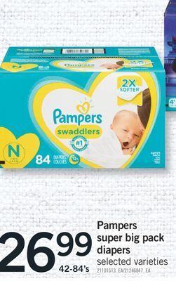 Fortinos Pampers super big pack diapers, 42-84's offer