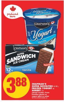 No Frills Chapman's super novelties, 8-18's, frozen yogurt or sorbet, 2 l offer