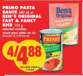 No Frills Primo pasta sauce, 680 ml or ben's original fast & fancy rice, 132 g offer
