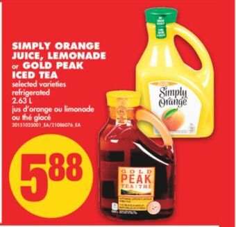 No Frills Simply orange juice, lemonade or gold peak iced tea, 2.63 l offer