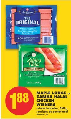 No Frills Maple lodge or zabiha halal chicken wieners, 450 g offer