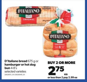 Real Canadian Superstore D'italiano bread, 675 g or hamburger or hot dog bun, 4-8's offer