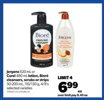 Real Canadian Superstore Jergens 620 ml or curel 480 ml lotion, bioré cleansers, scrubs or strips 50-200 ml, 110/130 g, 4/8's offer