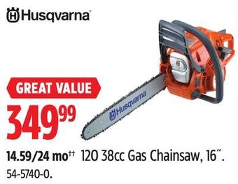 Canadian Tire Husqvarna 120 38cc gas chainsaw, 16" offer