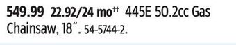 Canadian Tire Husqvarna 445e 50.2cc gas chainsaw, 18˝. offer