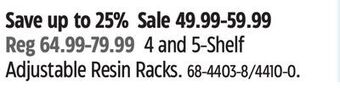 Canadian Tire Certified 4 and 5-shelf adjustable resin racks. offer