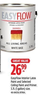 Canadian Tire Easyflow interior latex paint and selected ceiling paint and primer 3.7l (1 gallon) size offer