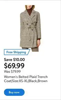 Walmart Women's belted plaid trench coat|size:xs-xl|black,brown offer