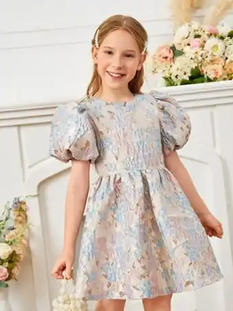 SheIn Shein girls floral jacquard puff sleeve dress offer
