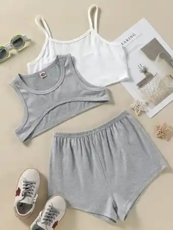 SheIn Girls 2pcs high low sleep top & 1pc sleep shorts offer