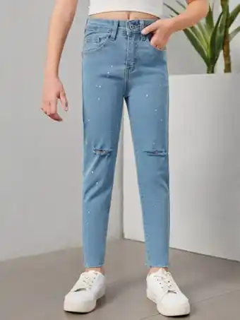 SheIn Shein girls dot print ripped raw cut skinny jeans offer